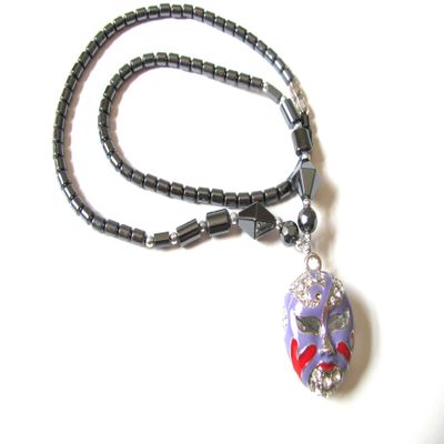 Healing Hematite Necklace with Color Enamel and Rhinestone Opera Mask Pendant Mardi Gras (Purple and Red)