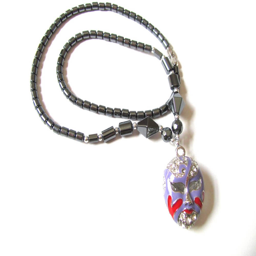 Healing Hematite Necklace with Color Enamel and Rhinestone Opera Mask Pendant Mardi Gras (Purple and Red)