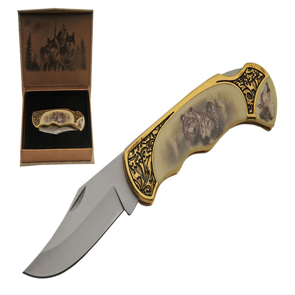 4.75" Wolf Edc Folding Knife Stainless Steel Blade Wolf Design Handle