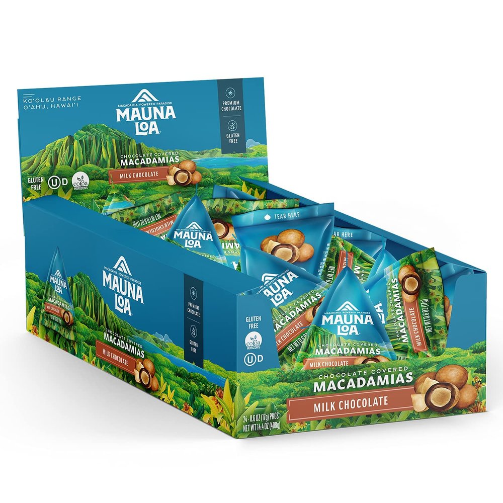 Mauna Loa Milk Chocolate Covered Macadamia Nuts, 24 Pack of 0.6 oz Mini Pouches, Gluten Free, Sweet Hawaiian Snack