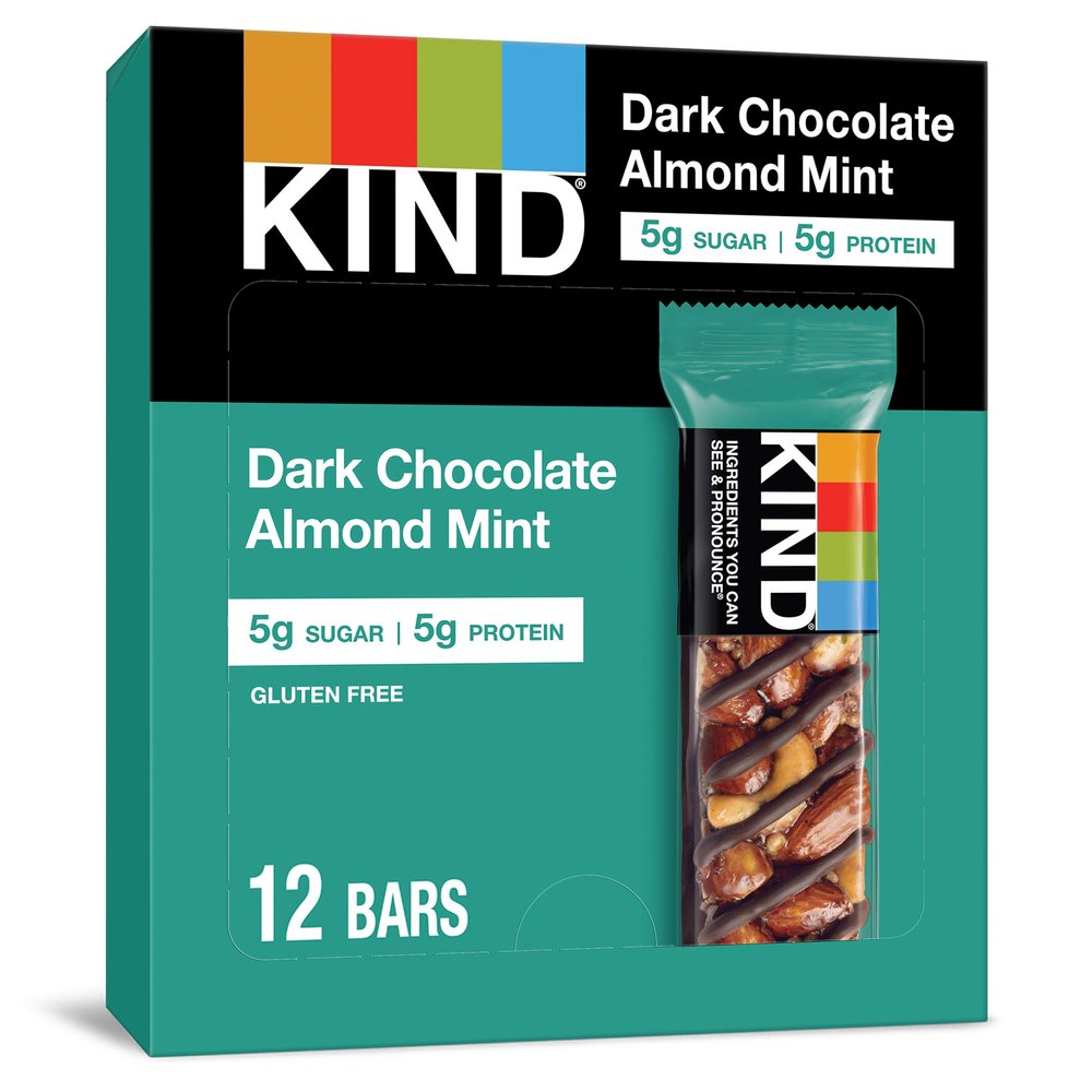 KIND Nut Bars, Dark Chocolate Mint, Healthy Snacks, Gluten Free, Low Sugar, 5g Protein, 12 Count