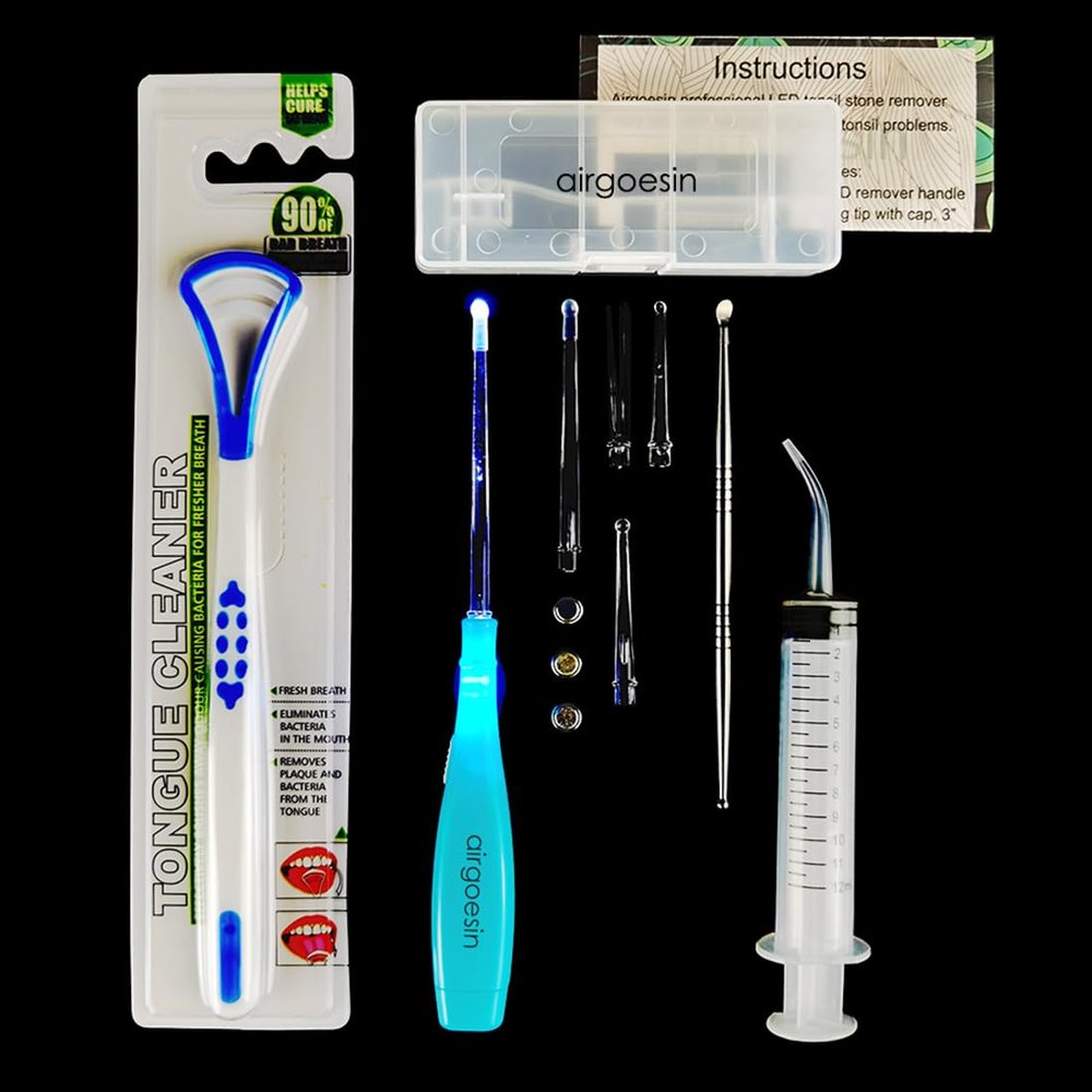 Airgoesin Professional Tonsil Stone Remover Tool LED Light (Blue) | Stainless Steel Extract Throat Stones Oral Care | Irrigation Syringe | Tongue Cleaner Scraper