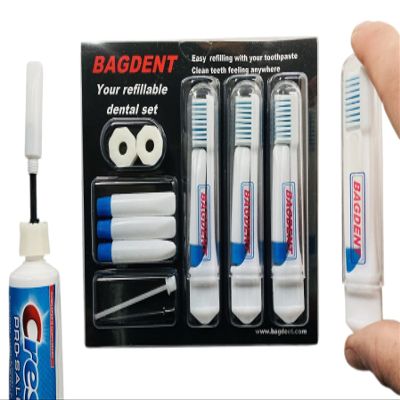 Bagdent Travel Toothbrushes and Toothpaste Empty Containers - 11 PCS/Set: 3X Foldable Toothbrushes, 6X Empty Refillable Tubes (0.12oz), 2X Filling Adapters, Travel Set, Emergency Set, Daily Use