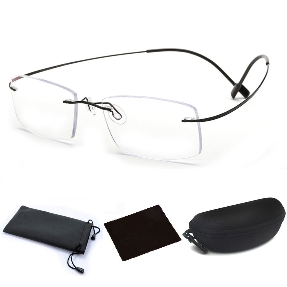 Ultra Lightweight Titanium Alloy Flex Arm Bendable Flexible Rimless Rectangle Reading Glasses Men Women Eye Glasses Clear Vision Magnifying Presbyopic Glasses Black with Portable Eyewear Case (2.0X)