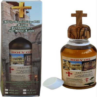 Holy Land Market Blessings from Jerusalem Anointing Oil - Blessings from Holy Sepulchre, 300ml, Olive Wood Cross Cover and Seal, Sacred Use