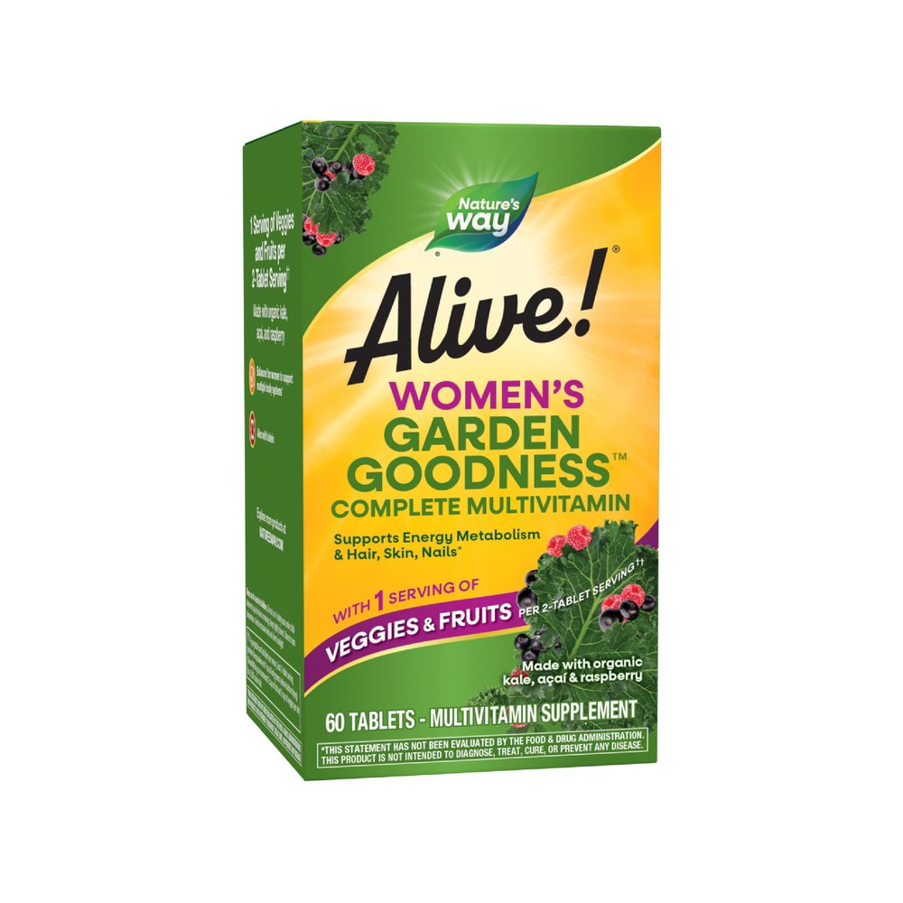 Nature's Way Alive! Women's Garden Goodness Complete Multivitamin, 1 Serving Veggies & Fruits per 2-Tablet Serving, with Organic Kale, Acai, Raspberry, 60 Tablets (Packaging May Vary)