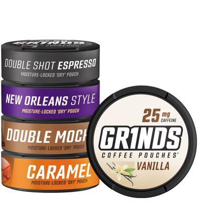 Grinds Coffee Pouches | 5 Can Sampler | Double Shot Espresso, Vanilla, New Orleans, Double Mocha, Caramel | 1 Pouch eq. 1/4 Cup of Coffee