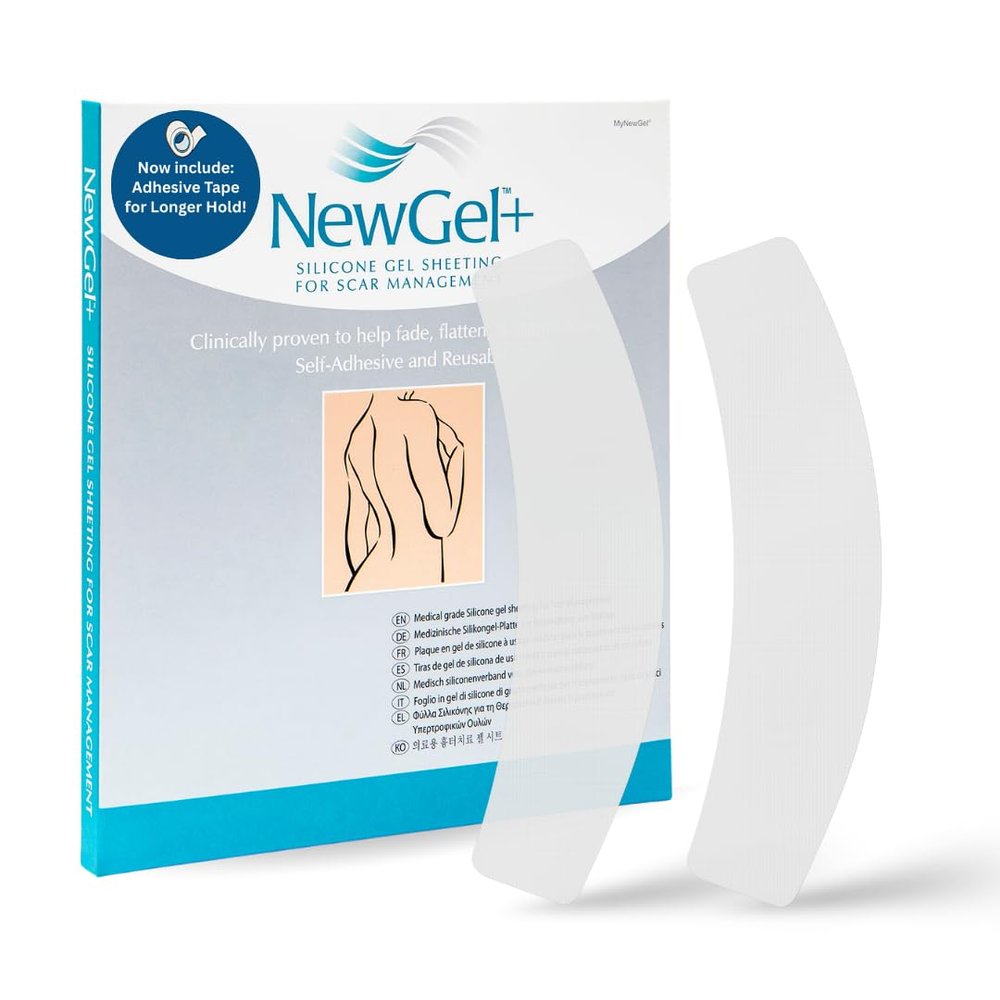 NewGel Plus by MyNewGel Advanced Silicone Scar Sheet Strips for C-Section, Abdomen, Surgical Scars, 2 x 8 Ultra Thick, with Adhesive Tape, CLEAR (2 Pack)