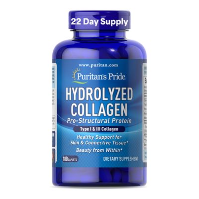 Puritan's Pride Hydrolyzed Collagen Pro-Structural Protein for Men and Women 1000mg, Dietary Supplement for Skin, Bones and Joints, 180 Caplets