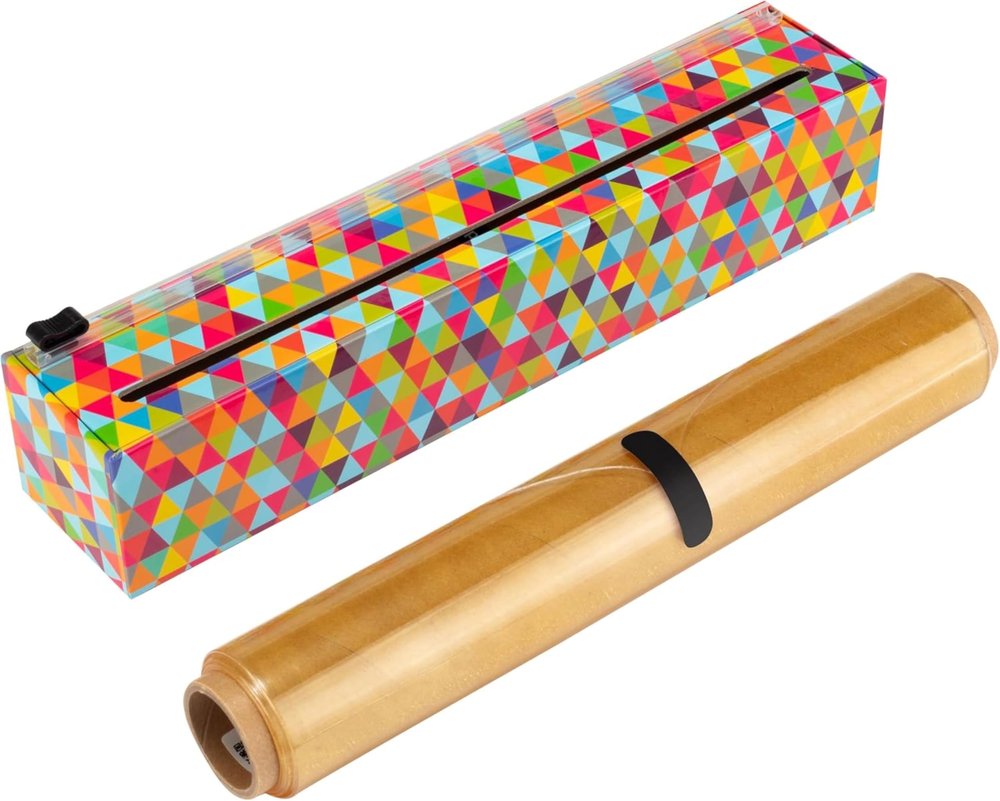 Chicwrap Triangles Refillable Plastic Wrap Dispenser - Includes One 12" x 250' Roll of Professional Grade Plastic Wrap - BPA Free and Kosher Certified - Reusable Dispenser w/Slide Cutter