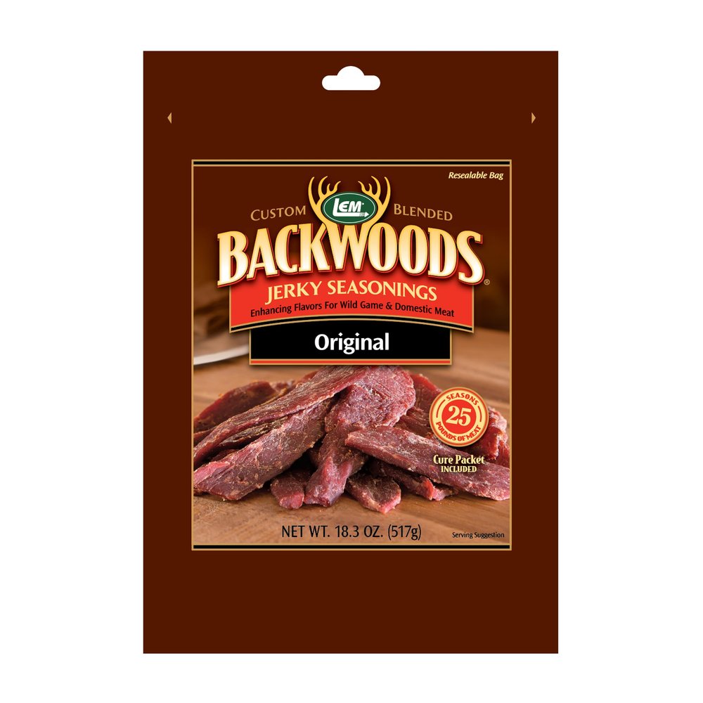 LEM Products Backwoods Original Jerky Seasoning, Ideal for Wild Game and Domestic Meat, Seasons Up to 25 Pounds of Meat, 18.3 Ounce Packet with Pre-Measured Cure Packet Included