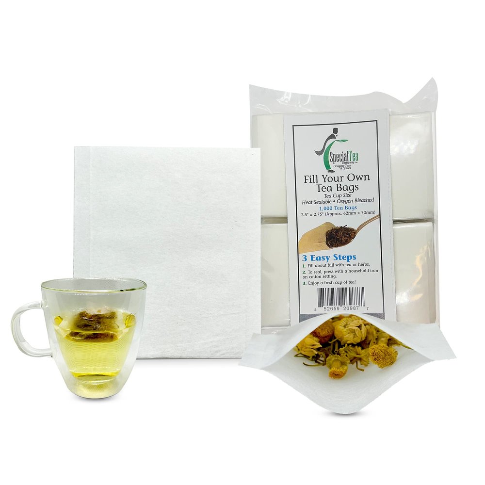 1000 Empty Tea Bags 2.5 x 2.75 White Compostable, These Heat Sealable Tea Infuser for Loose Tea Herbs are Disposable Tea Strainer Bags made of Wood (pulp) Fibers