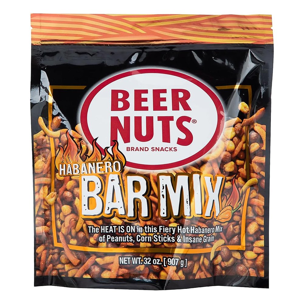 BEER NUTS Habanero Hot Bar Mix - Party Size Fiery Snack Food - Salty Spicy Roasted Peanuts, Cajun Sesame Sticks, Hot Flaming Roasted Corn, Nacho Corn Stix & Honey Mustard Spuggets -32oz Resealable Bag