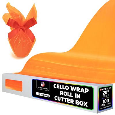 Hygloss Products Cellophane Roll  Cello Wrap in Easy Cutter Box for Crafts, Gifts, and Baskets - 20 Inches x 100 Feet - Orange