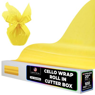 Hygloss Products Cellophane Roll  Cello Wrap in Easy Cutter Box for Crafts, Gifts, and Baskets - 20 Inches x 100 Feet - Yellow