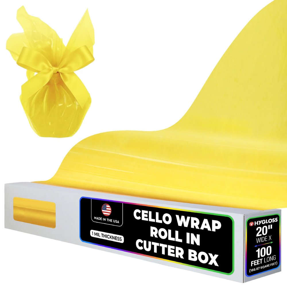 Hygloss Products Cellophane Roll  Cello Wrap in Easy Cutter Box for Crafts, Gifts, and Baskets - 20 Inches x 100 Feet - Yellow