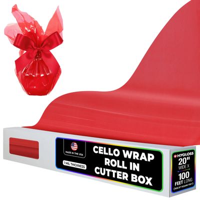 Hygloss Products Cellophane Roll  Cello Wrap in Easy Cutter Box for Crafts, Gifts, and Baskets - 20 Inches x 100 Feet - Red