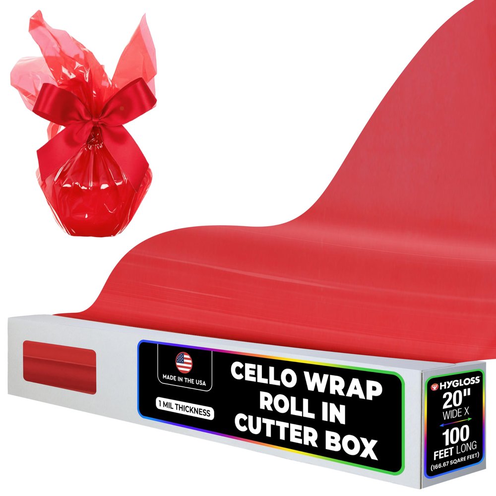 Hygloss Products Cellophane Roll  Cello Wrap in Easy Cutter Box for Crafts, Gifts, and Baskets - 20 Inches x 100 Feet - Red