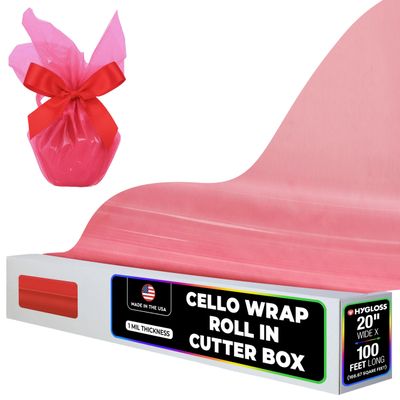 Hygloss Products Cellophane Roll  Cello Wrap in Easy Cutter Box for Crafts, Gifts, and Baskets - 20 Inches x 100 Feet - Pink