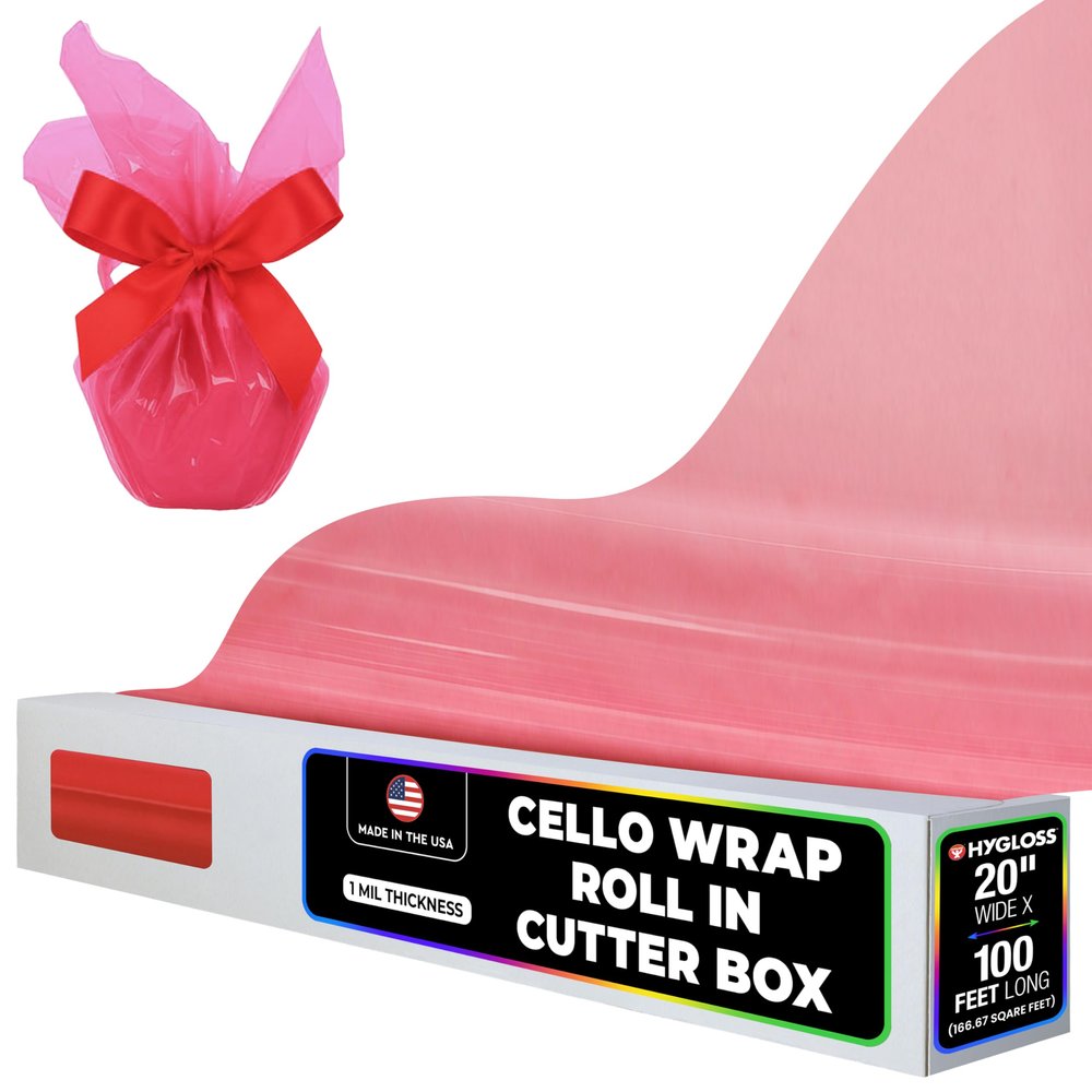 Hygloss Products Cellophane Roll  Cello Wrap in Easy Cutter Box for Crafts, Gifts, and Baskets - 20 Inches x 100 Feet - Pink