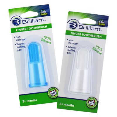 Brilliant Baby Finger Toothbrush - Silicone Gum Massager and Teether Brush for Infant-Toddler, 3 Months Old and Up, Blue/Clear, 2 Count