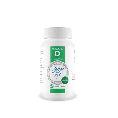 Carson Life Vitamin D 10,000 IU Tablets - Excellent Supplement for Vitamin D Deficiency - Helps Strengthen Bones, Teeth and Immune System - 60 Tablets - Made in The USA