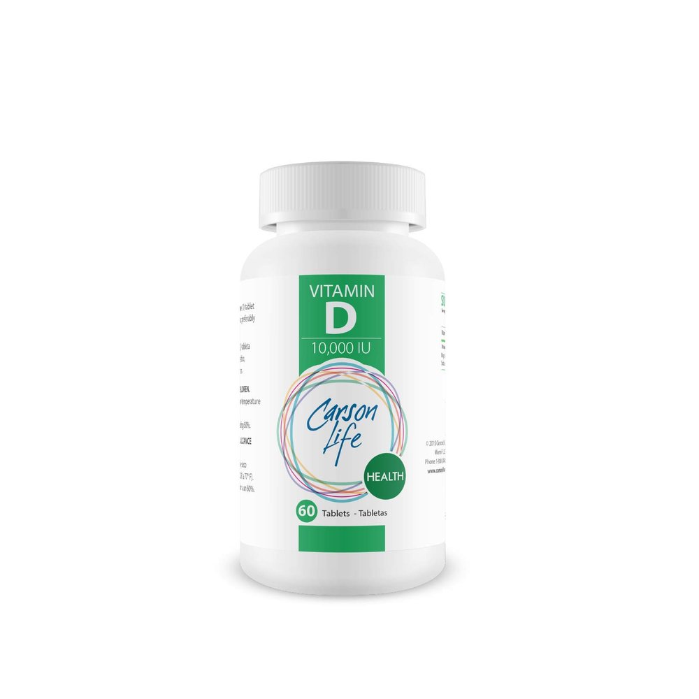 Carson Life Vitamin D 10,000 IU Tablets - Excellent Supplement for Vitamin D Deficiency - Helps Strengthen Bones, Teeth and Immune System - 60 Tablets - Made in The USA