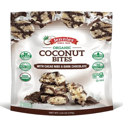 Jennies Organic Coconut Bites with Cacao Nibs and Dark Chocolate, 5.25oz (6 Pack) | Gluten Free | Peanut Free | Dairy Free | Non GMO