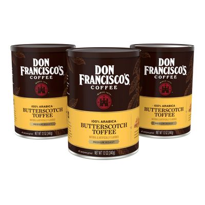 Don Francisco's Butterscotch Toffee Ground Flavored Coffee: Rich 100% Arabica Beans with Sweet Buttery Aroma - Family-Crafted for Delightful Mornings (3 x 12 oz Cans)