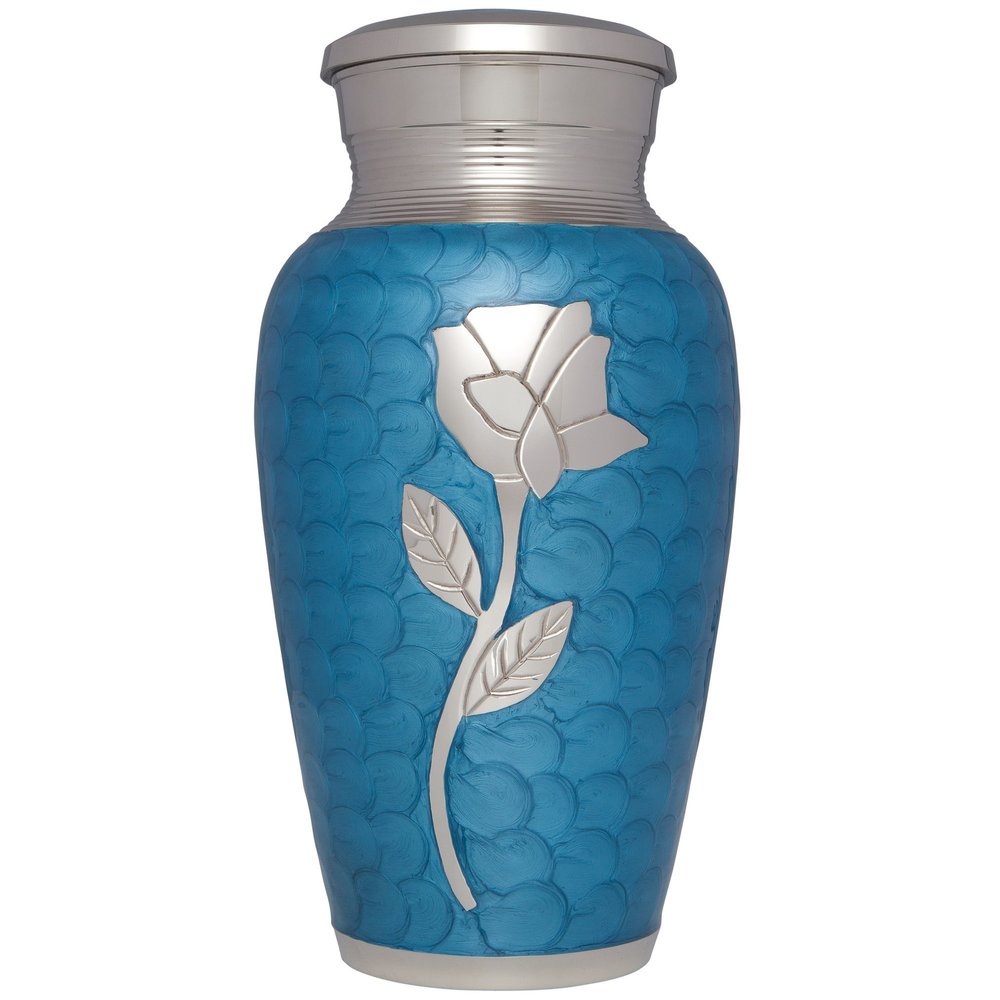 Blue Rose Funeral Urn by Liliane Memorials - Cremation Urn for Human Ashes - Hand Made in Brass - Suitable for Cemetery Burial or Niche - Large Size fits Remains of Adults up to 200 lbs- Perugia