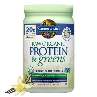 Garden of Life Raw Protein & Greens Vanilla Protein Powder  20g Plant Based Greens Powder, Probiotics & Enzymes, Post-Workout Recovery, Vegan, Gluten-Free, Non-GMO, 20 Servings