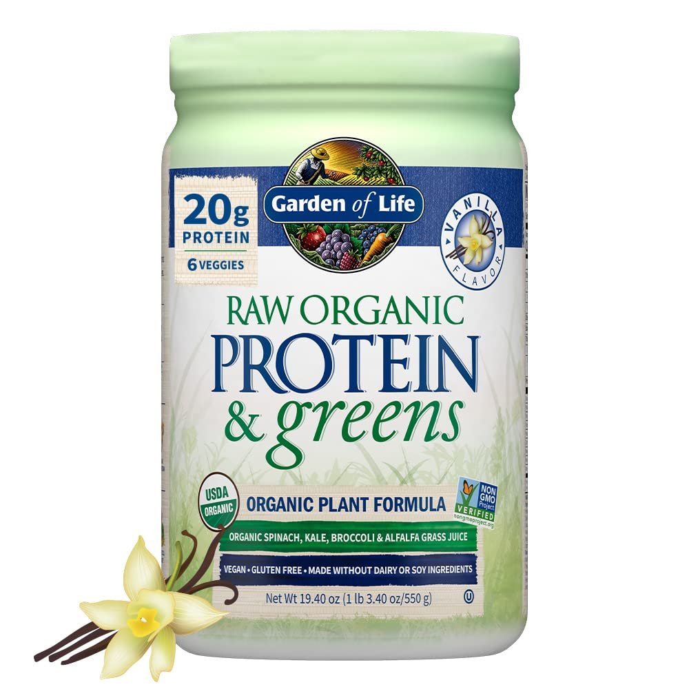 Garden of Life Raw Protein & Greens Vanilla Protein Powder  20g Plant Based Greens Powder, Probiotics & Enzymes, Post-Workout Recovery, Vegan, Gluten-Free, Non-GMO, 20 Servings