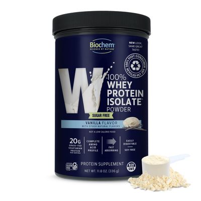 Biochem 100% Whey Sugar-Free Vanilla 20g, 11.8oz, Certified Vegetarian, Certified Gluten Free, Certified Non-GMO Tested, Keto Friendly, Grass-Fed