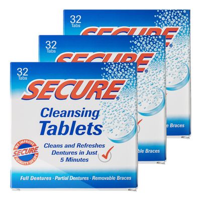 Secure Daily Cleansing Tablets - pH 9 Formula Thoroughly Cleans Dentures - Fights Odors, Stains & Germs - For Dentures, Nightguards, Retainers & Partials - 32 Tablets (3 Pack)
