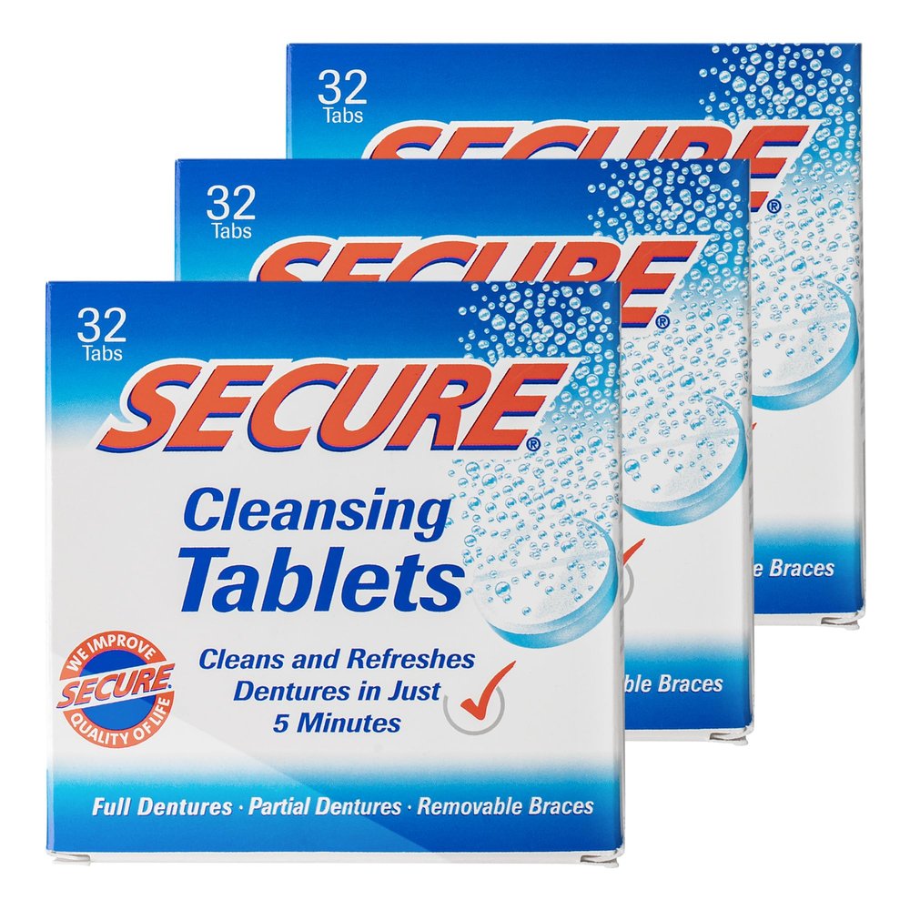 Secure Daily Cleansing Tablets - pH 9 Formula Thoroughly Cleans Dentures - Fights Odors, Stains & Germs - For Dentures, Nightguards, Retainers & Partials - 32 Tablets (3 Pack)