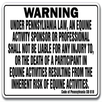 Pennsylvania Equine Sign Activity Liability Warning Statute Horse Barn Stable