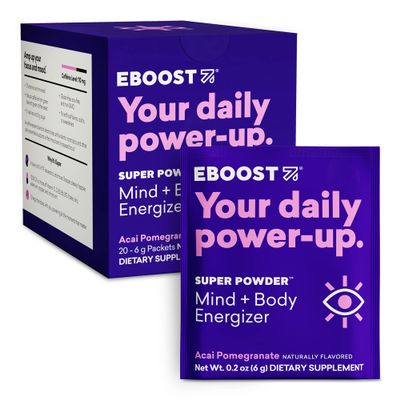 EBOOST SUPER POWDER Drink Mix - Acai Pomegranate 0.2 oz 20 Pack Hydration Energizer Electrolytes Powder - 13 Vitamins & Minerals - 110 mg Caffeine - 0 Added Sugar - No Artificial Flavors or Sweeteners