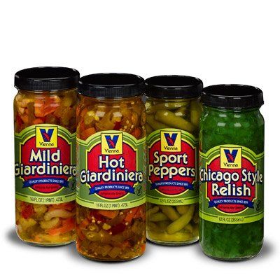 Vienna Condiment Variety 4-Pack (1 Jar Hot Giardiniera, 1 Jar Mild Giardiniera, 1 Jar Sport Peppers, 1 Jar Bright Green Relish)