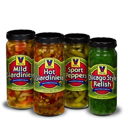 Vienna Condiment Variety 4-Pack (1 Jar Hot Giardiniera, 1 Jar Mild Giardiniera, 1 Jar Sport Peppers, 1 Jar Bright Green Relish)