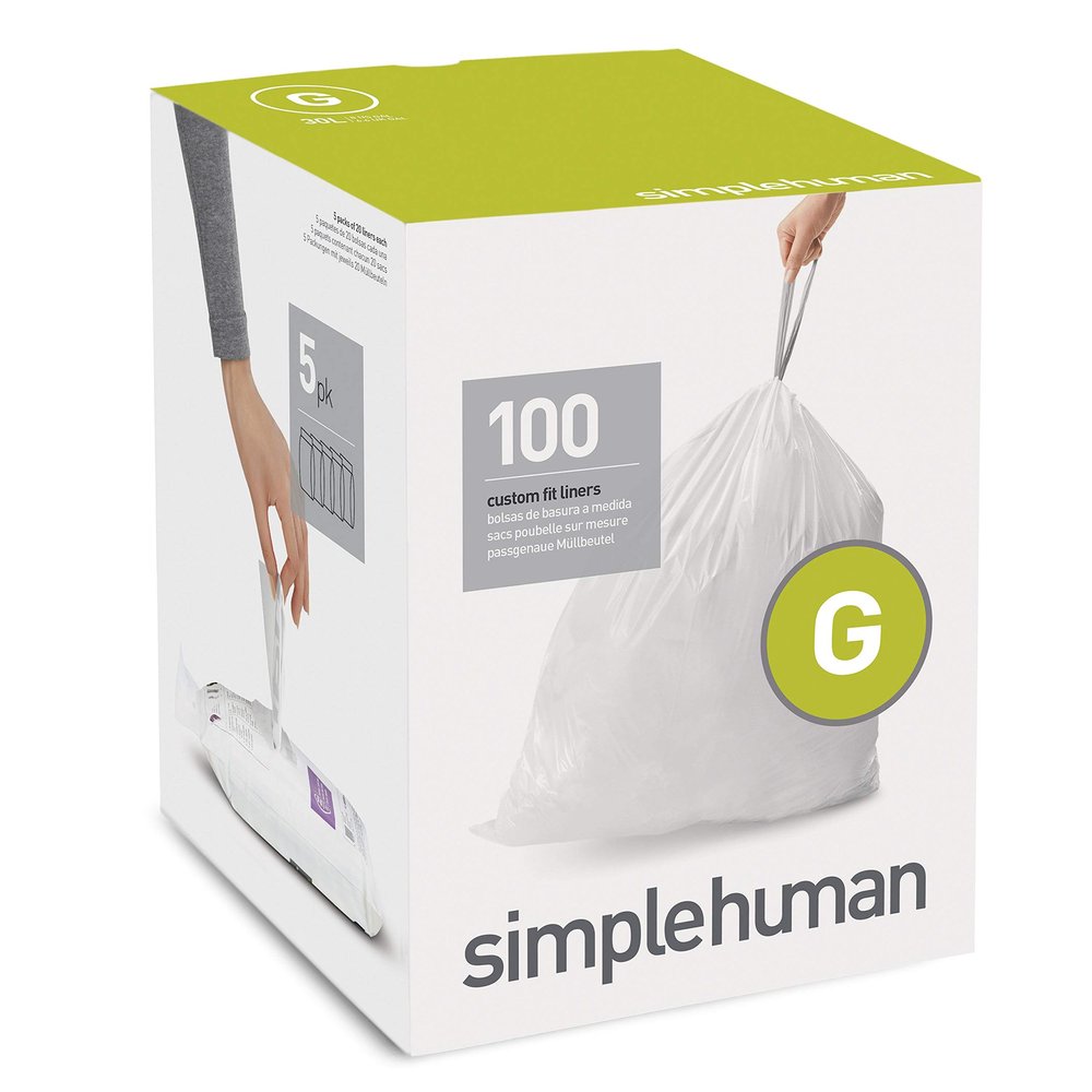 simplehuman Code G Custom Fit Drawstring Trash Bags in Dispenser Packs, 100 Count, 30 Liter / 8 Gallon, White