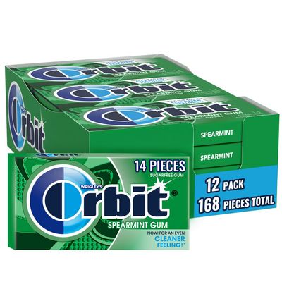 WRIGLEY'S ORBIT Gum Sugar-Free Spearmint - 12 Packs in Bulk, 14 Pieces Each - Chewing Gum, 168 Total Pieces