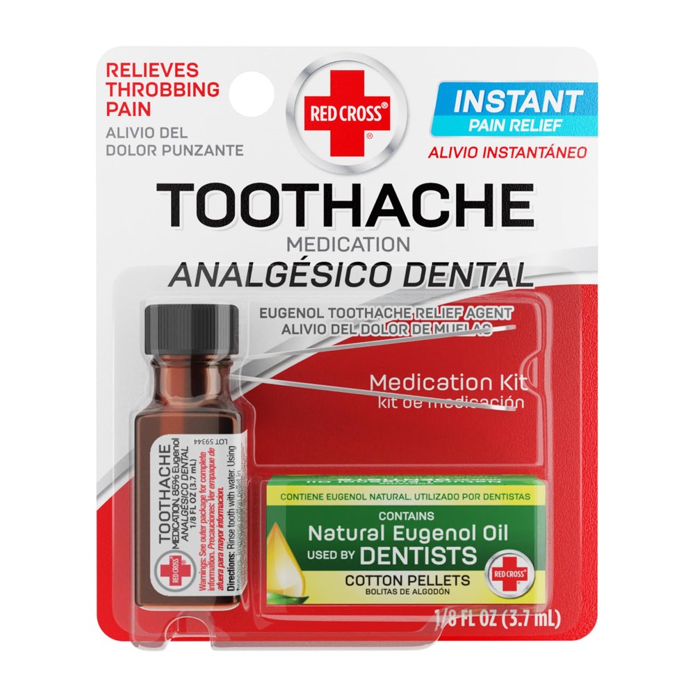 Red Cross Toothache Medicine Kit, Instant Pain Relief of Throbbing Toothache, Natural Eugenol Oil (Clove Oil), Includes Toothache Pain Relief Liquid, Cotton Pellets & Tweezer, 1/8 (.125) Fl Oz