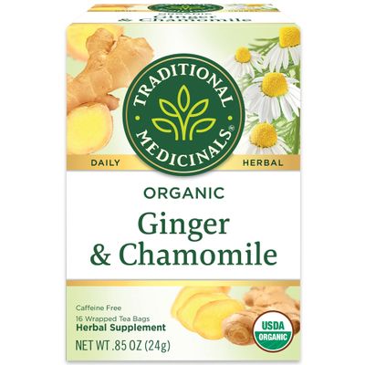 Traditional Medicinals Organic Ginger & Chamomile Herbal Tea, Relieves Occasional Indigestion or Nausea, (Pack of 1) - 16 Tea Bags