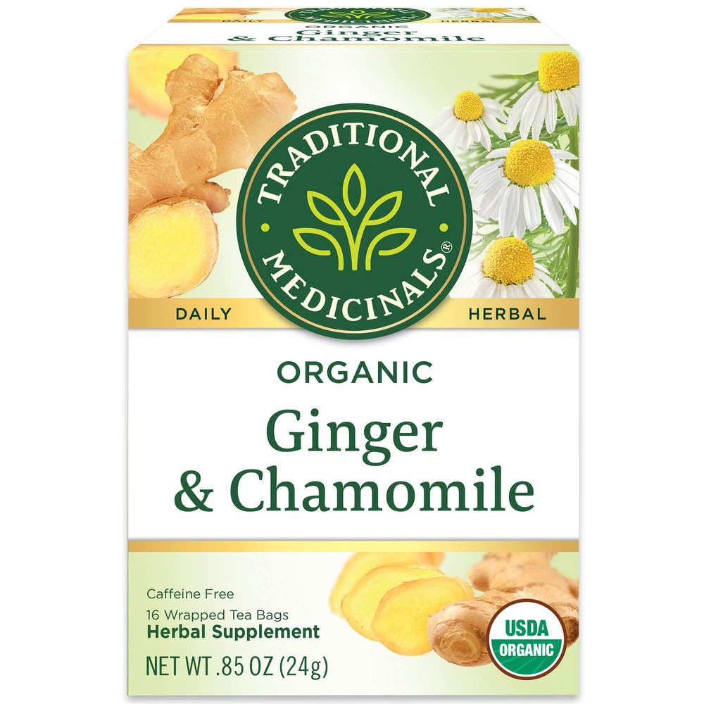 Traditional Medicinals Organic Ginger & Chamomile Herbal Tea, Relieves Occasional Indigestion or Nausea, (Pack of 1) - 16 Tea Bags