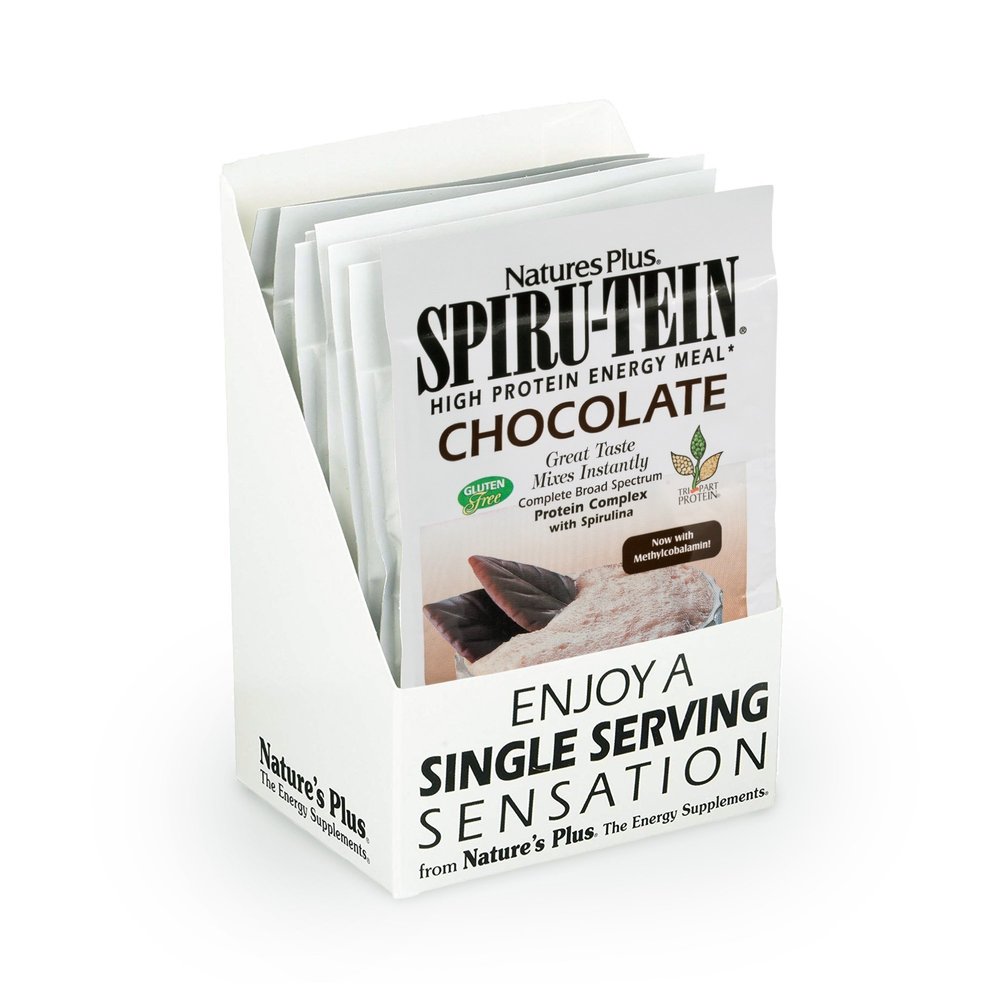 Natures Plus SPIRU-TEIN, Chocolate - 8 Total Packets - Plant-Based Protein Shake - Non-GMO, Vegetarian, Gluten Free - 8 Total Servings