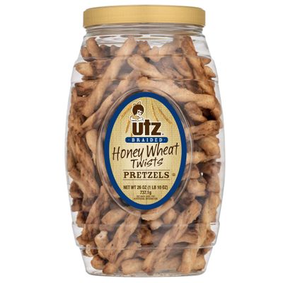 Utz Honey Wheat Braided Pretzel Twists 26 oz Barrel Sweet Honey Taste, Thick, Crunchy Pretzel Twists, Perfect for Dipping and Snacks, Zero Cholesterol Snack Food Package May Vary