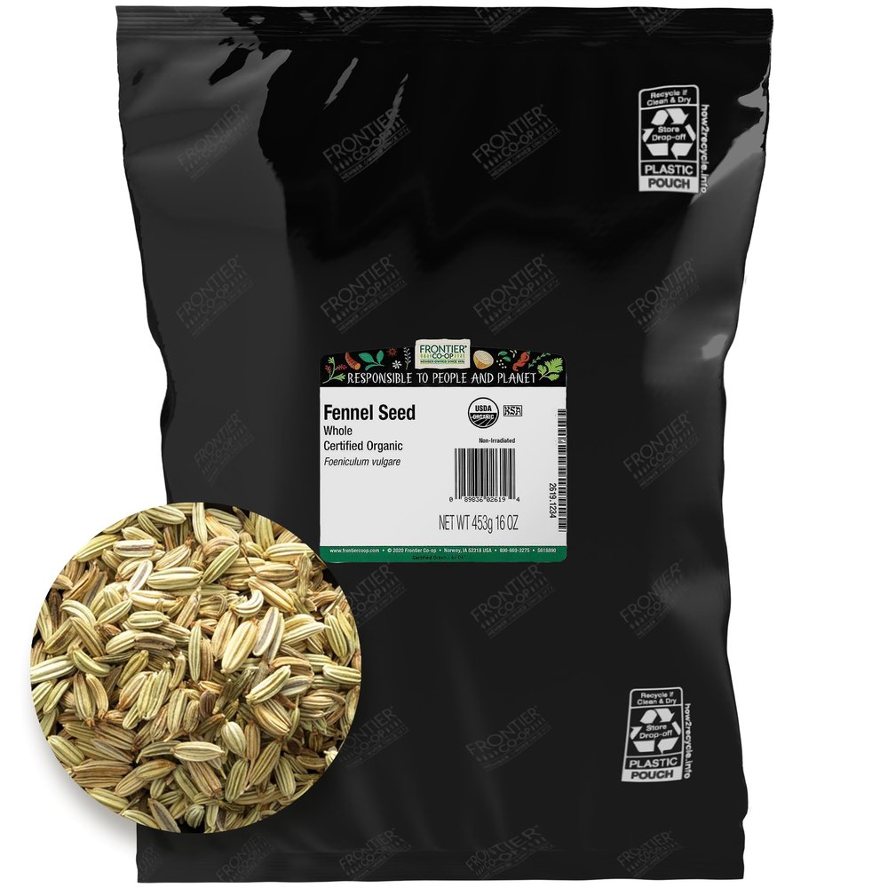 Frontier Co-op Organic Whole Fennel Seed, 1lb Bulk Bag - Sweet Turkish Fennel for Seasoning Soups, Fish, Salads, Veggies, Candied Desserts