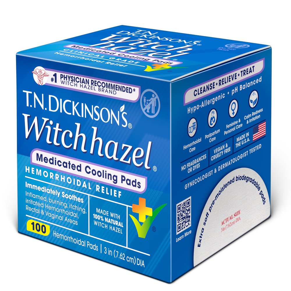 T.N. Dickinsons Medicated Cooling Pads with Witch Hazel and Aloe | Hemorrhoid Treatment, Postpartum Care, Feminine & Rectal Relief | 100 Rounds
