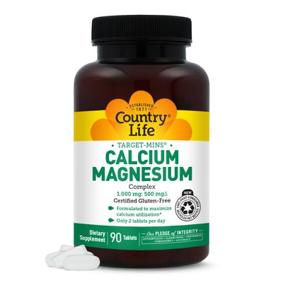 Country Life Target-Mins Calcium Magnesium Complex 1000mg/500mg, 90 Tablets, Certified Gluten Free, Certified Vegan, Certified Non-GMO Verified