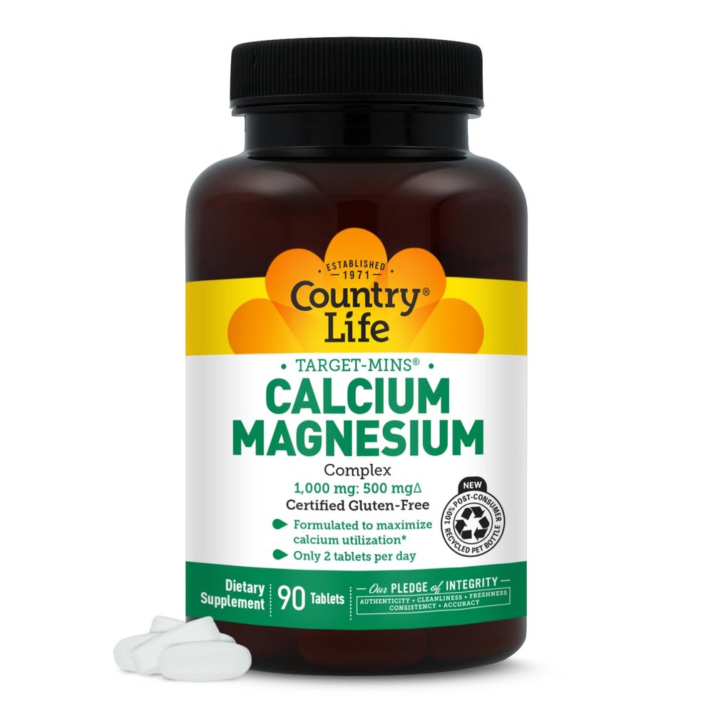 Country Life Target-Mins Calcium Magnesium Complex 1000mg/500mg, 90 Tablets, Certified Gluten Free, Certified Vegan, Certified Non-GMO Verified
